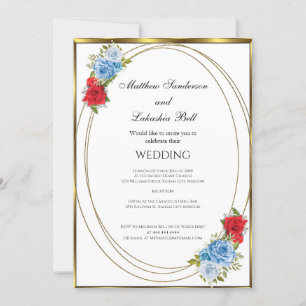 Wedding White Blue Red Flowers gold Elegant  Invitation