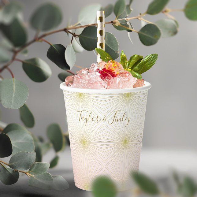 Wedding White Blush Gold Retro Art Deco Pattern Paper Cups (Creator Uploaded)