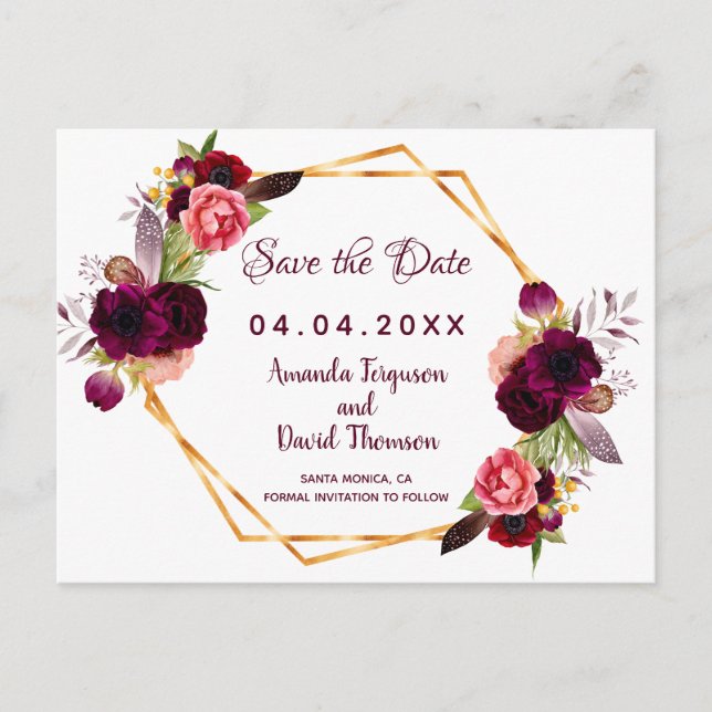 Wedding white burgundy florals save the date announcement postcard (Front)