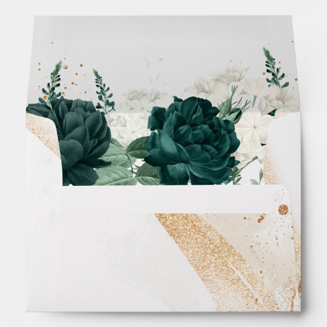 Wedding White Colour Emerald Green Rose Floral Envelope (Back (Bottom))