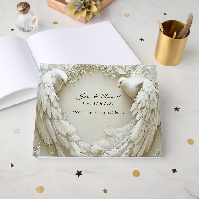 Wedding White Dove Open Wings Roses Guest Book (Front Open)