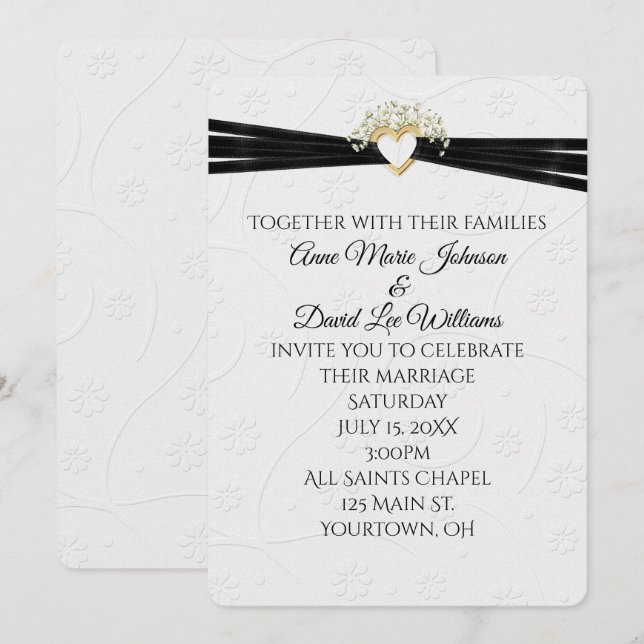Wedding White Embossed Floral with Heart Invitation (Front/Back)