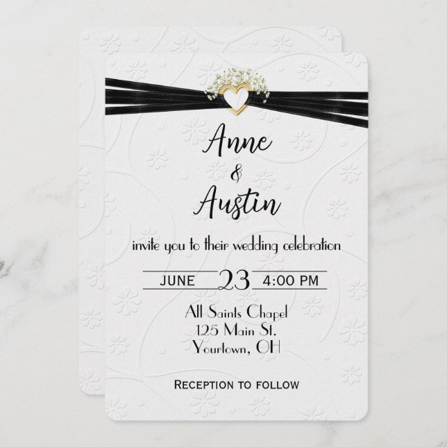 Wedding White Embossed Floral with Heart Ribbon Invitation (Front/Back)