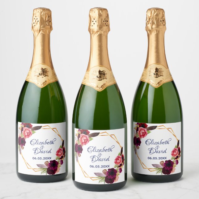 Wedding white floral geometric burgundy sparkling wine label (Bottles)
