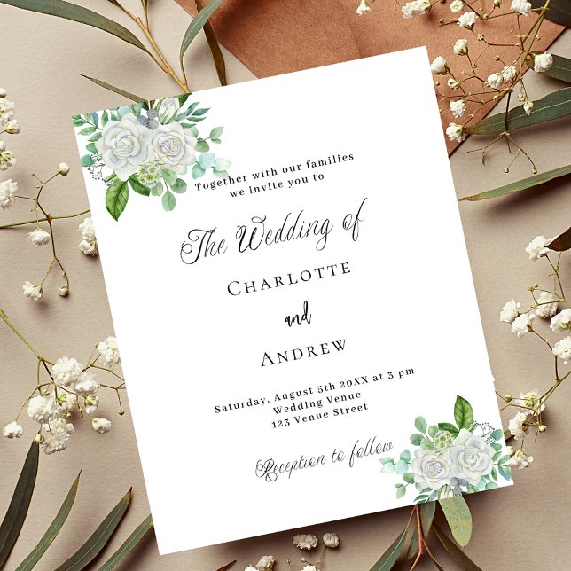 Wedding white florals greenery budget invitation (Creator Uploaded)