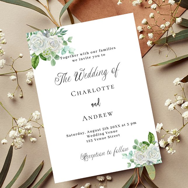 Wedding white florals greenery simple elegant invitation postcard (Creator Uploaded)