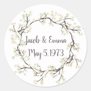 Wedding White Flowering Branch Wreath  Classic Round Sticker