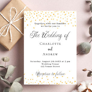 Wedding white gold hearts elegant script invitation postcard
