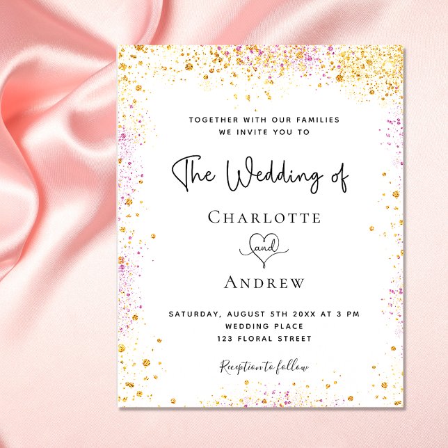 Wedding white gold pink glitter budget invitation flyer (Creator Uploaded)