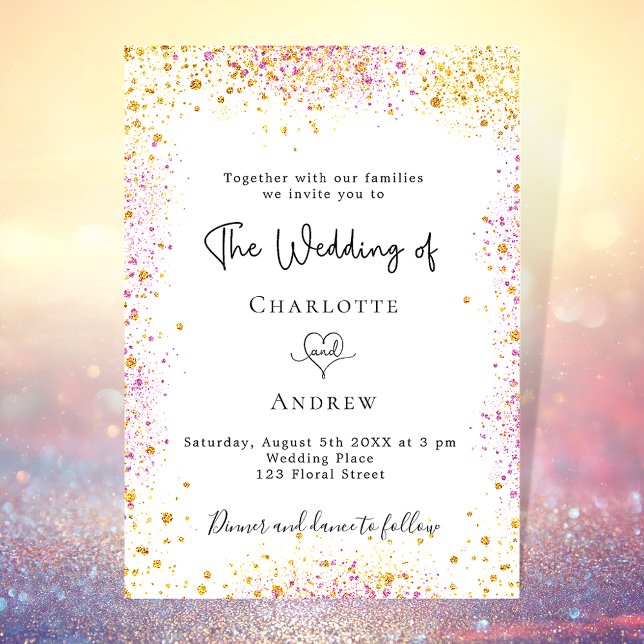Wedding white gold pink glitter elegant invitation (Creator Uploaded)