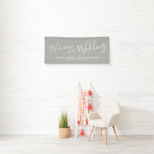 Wedding white heart script text on grey welcome banner