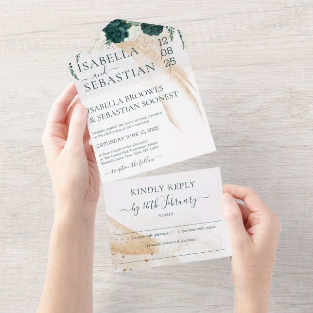 Wedding White Kindly Reply Emerald Green Rose All In One Invitation (Tearaway)