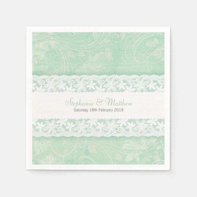 Wedding white lace on mint green paper napkins (Front)