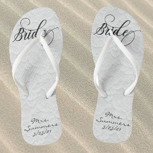 Wedding White Lace Personalised Bride Flip Flops