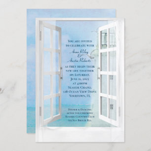 wedding white lighthouse window view with seagulls invitation