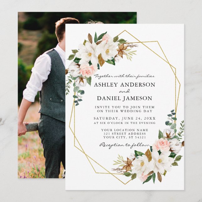 Wedding White Magnolias Pink Roses Photo Gold Invitation (Front/Back)