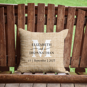 Wedding White Monogram Rustic Faux Burlap Keepsake Cushion