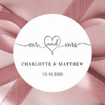 Wedding white mr mrs heart script  classic round sticker<br><div class="desc">A stylish white background. Mr and Mrs with a heart. Personalise and add your names and wedding date.   Transparent background so you can add your wedding theme colour.</div>