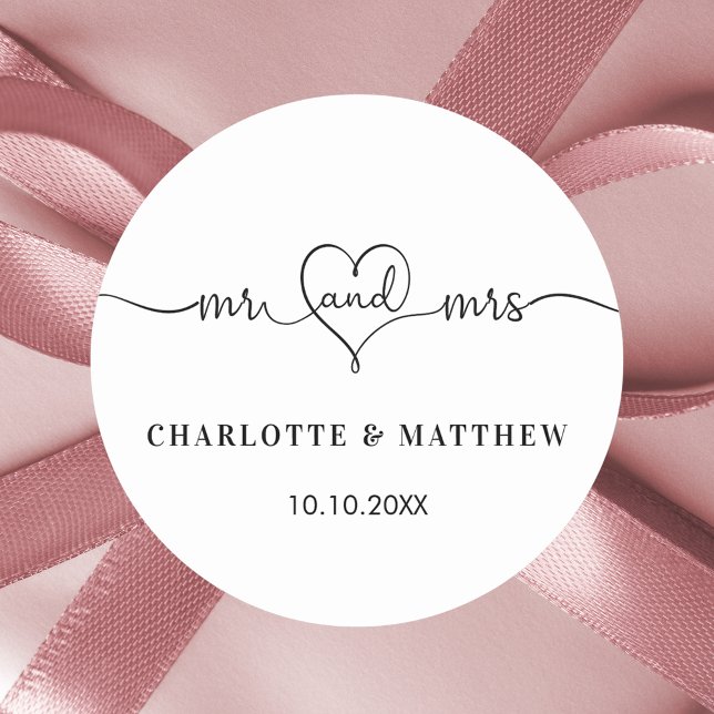 Wedding white mr mrs heart script  classic round sticker (Creator Uploaded)