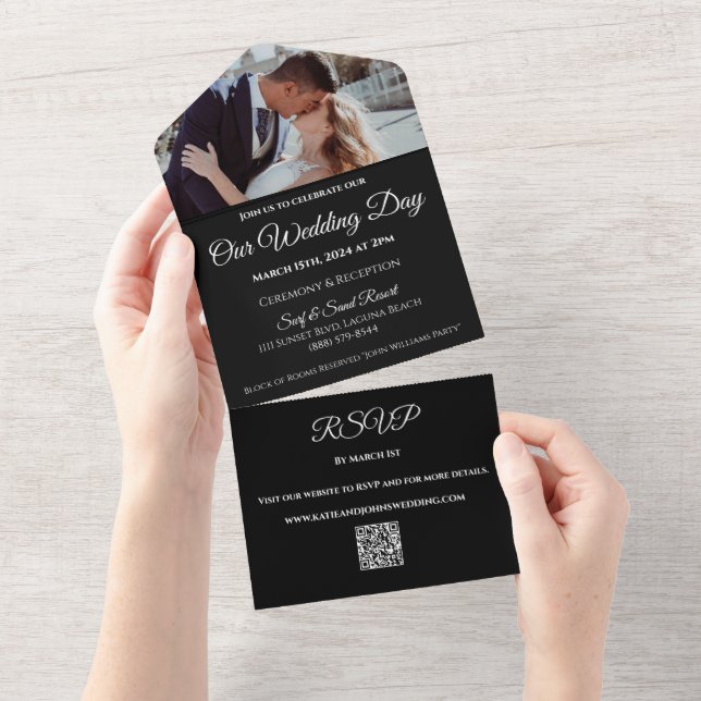 Wedding White Orchids on Black-Photo-QR code-  All In One Invitation (Tearaway)