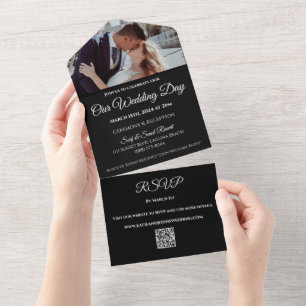 Wedding White Orchids on Black-Photo-QR code-  All In One Invitation