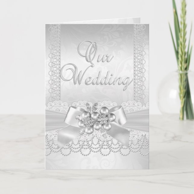 Wedding White Pearl Lace Damask Diamond Invitation (Front)