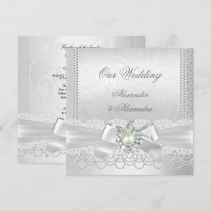 Wedding White Pearl Lace Damask Diamond Silver Invitation