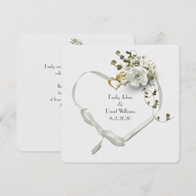 wedding white ribbon heart and rose bouquet invitation (Front/Back)