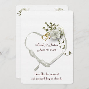 Wedding White Ribbon Heart with Rings Invitation