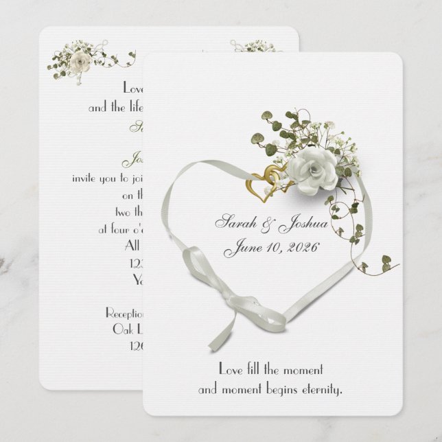 Wedding White Ribbon Heart with Rings Invitation (Front/Back)