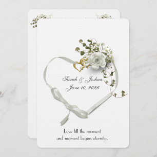 Wedding White Ribbon Heart with Rings Invitation