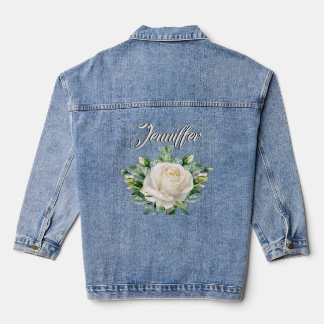 Wedding White Rose Bride Rustic Monogram Denim Jacket (Back)