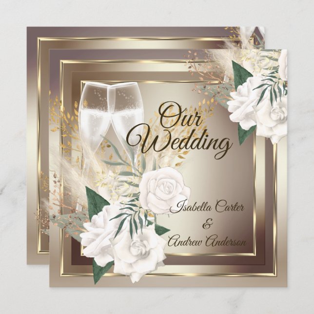 Wedding White Rose Champagne Gold Bronze Invitation (Front/Back)
