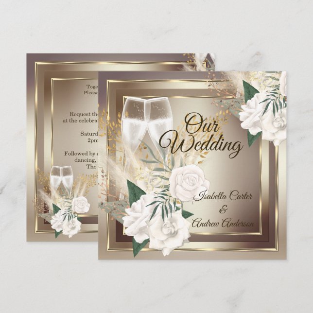 Wedding White Rose Champagne Gold Bronze Invitation (Front/Back)