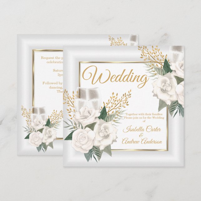 Wedding White Rose Floral Champagne Gold Invitation (Front/Back)