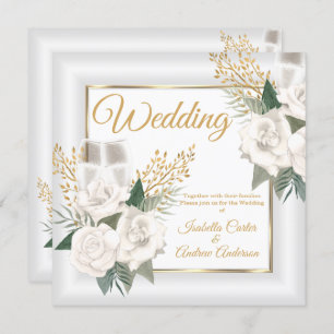 Wedding White Rose Floral Champagne Gold Invitation
