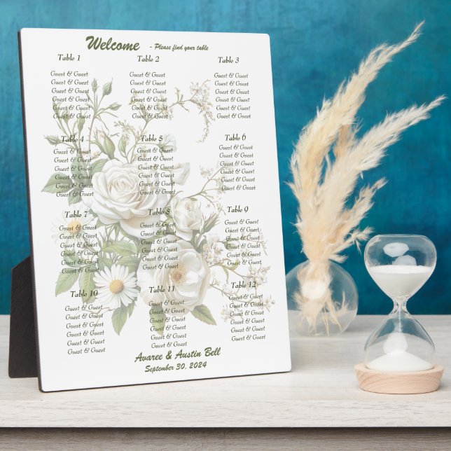 Wedding White Roses Seating Chart Floral Plaque (Side)