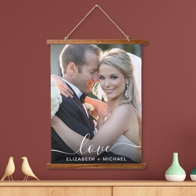 Wedding White Script Photo Overlay Hanging Tapestry (Creator Uploaded)