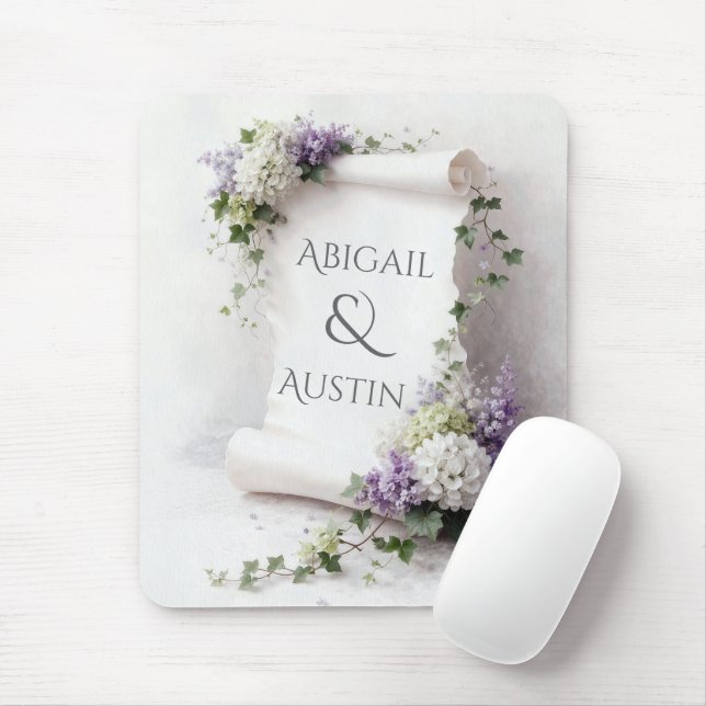 Wedding White Scroll with Hydrangeas and Lilacs Mouse Mat (With Mouse)