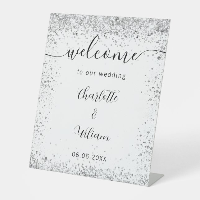 Wedding white silver glitter names script welcome pedestal sign (Front)