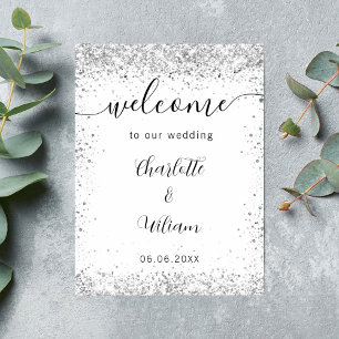 Wedding white silver glitter names script welcome poster