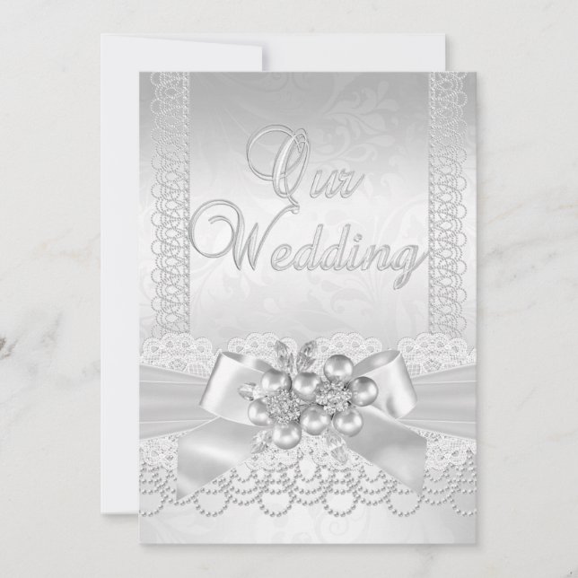 Wedding White Silver Pearl Lace Damask Diamond 2 Invitation (Front)