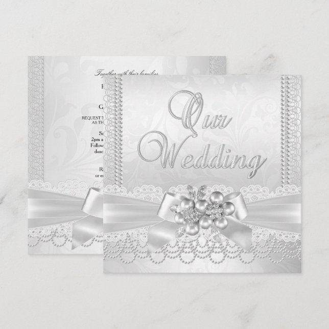 Wedding White Silver Pearl Lace Damask Diamond Invitation (Front/Back)