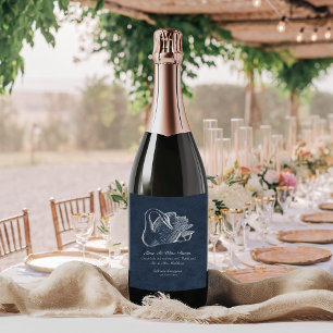Wedding White Swan Navy Blue Tail Feather Sparkling Wine Label