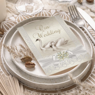 Wedding White swans beige Pearl Lace Photo Invitation
