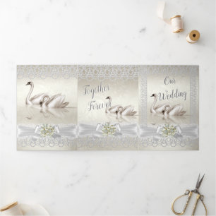 Wedding White Swans Cream Pearl Lace Damask 3 Tri-Fold Invitation