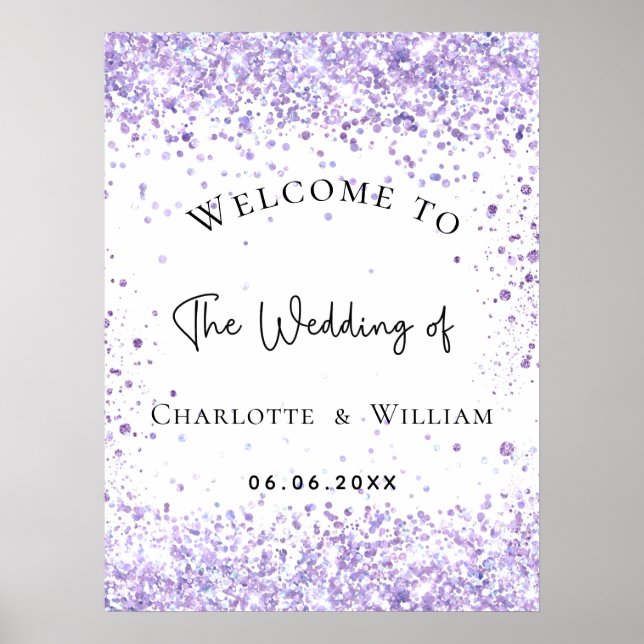 Wedding white violet lavender glitter welcome poster (Front)