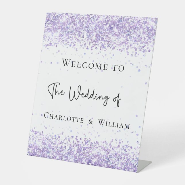 Wedding white violet lavender welcome pedestal sign (Front)