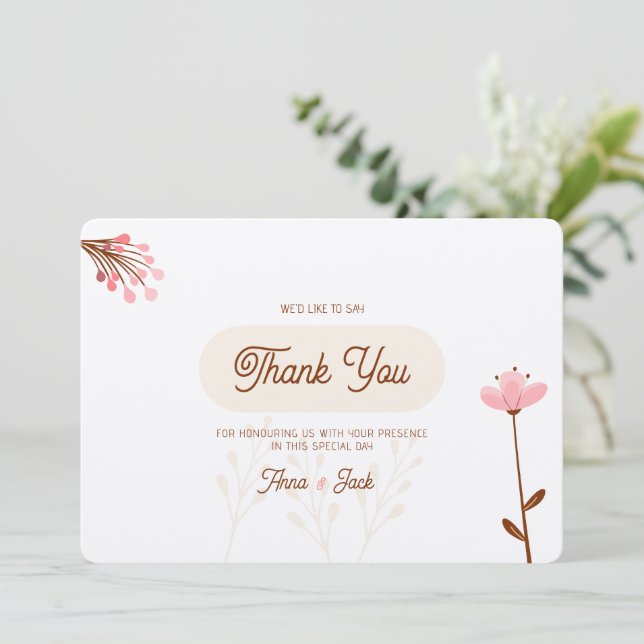 Wedding wild flowers romantic rose and beige thank you card (Standing Front)