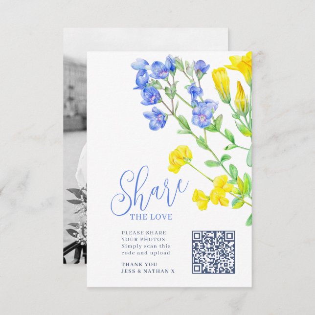 Wedding wildflower yellow blue photo sharing QR Enclosure Card (Front/Back)